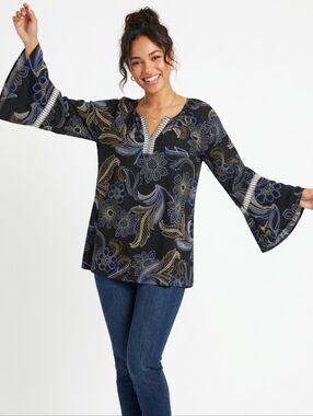 Susan Graver Black Tunic with Blue & Gold Floral Print